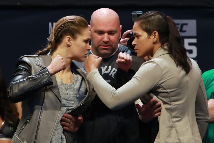 Ronda Rousey (L) squares off with UFC women's bantamweight champion Amanda Nunes Friday at Madison Square Garden. They will meet for the title on Dec. 30 in Las Vegas. (Getty Images)