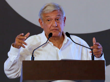 Leftist front-runner Andres Manuel Lopez Obrador, presidential candidate of the National Regeneration Movement (MORENA), addresses the audience during the Mexican Banking Association's annual convention in Acapulco, Mexico March 9, 2018. REUTERS/Henry Romero