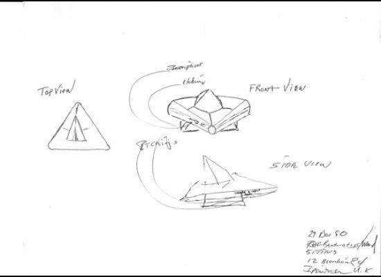 “As the three of us got closer to the craft we started experiencing problems with our radios. I then asked Cabansag to relay radio transmissions back to Central Security Control (CSC), and he stayed back while Burroughs and I proceeded towards the craft. At first I was confused, not understanding what I was seeing.  This was truly unbelievable.  Then fear struck me, but I told myself that I had to stay focused. Was this a threat to the base and to us?  I had to determine that first and foremost.     When we came up on the triangular shaped craft there were blue and yellow lights swirling around the exterior as though part of the surface and the air around us was electrically charged. We could feel it on our clothes, skin and hair. It felt like static electricity, which made your hair stand-up and dance on your skin.  But there was no sound at all coming from the craft. Nothing in my training prepared me for what we were witnessing.  This was no type of aircraft that I’d ever seen before.”    Penniston made this drawing of the landed craft for the Air Force Office of Special Investigations. (Collection of James Penniston)  