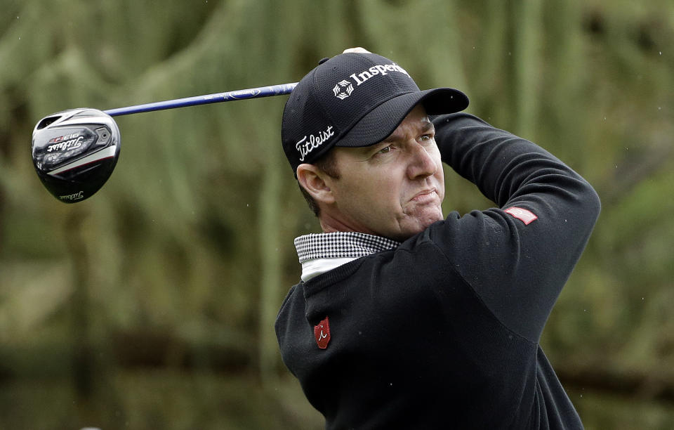 Jimmy Walker hits off the seventh tee on Friday, Feb. 7, 2014, during the second round of the AT&T Pebble Beach Pro-Am golf tournament on the Spyglass Hill Golf Course in Pebble Beach, Calif. (AP Photo/Ben Margot)