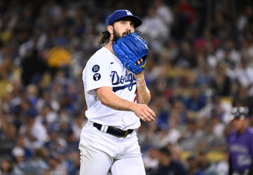 Los Angeles, California October 3 2022-Dodgers pitcher Tony Gonsolin walks to the dugout.