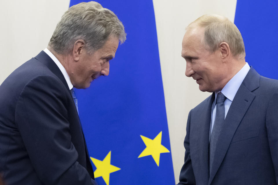 FILE - Russian President Vladimir Putin, right, shakes hands with Finnish President Sauli Niinisto after a joint news conference following their meeting in the Bocharov Ruchei residence in the Black Sea resort of Sochi, Russia, Wednesday, Aug. 22, 2018. Finland and Sweden have signaled their intention to join NATO over Russia’s war in Ukraine and things will move fast once they formally apply for membership in the world’s biggest security alliance. Russian President Vladimir Putin has already made clear that there would be consequences if the two Nordic countries join. (AP Photo/Pavel Golovkin, Pool, File)