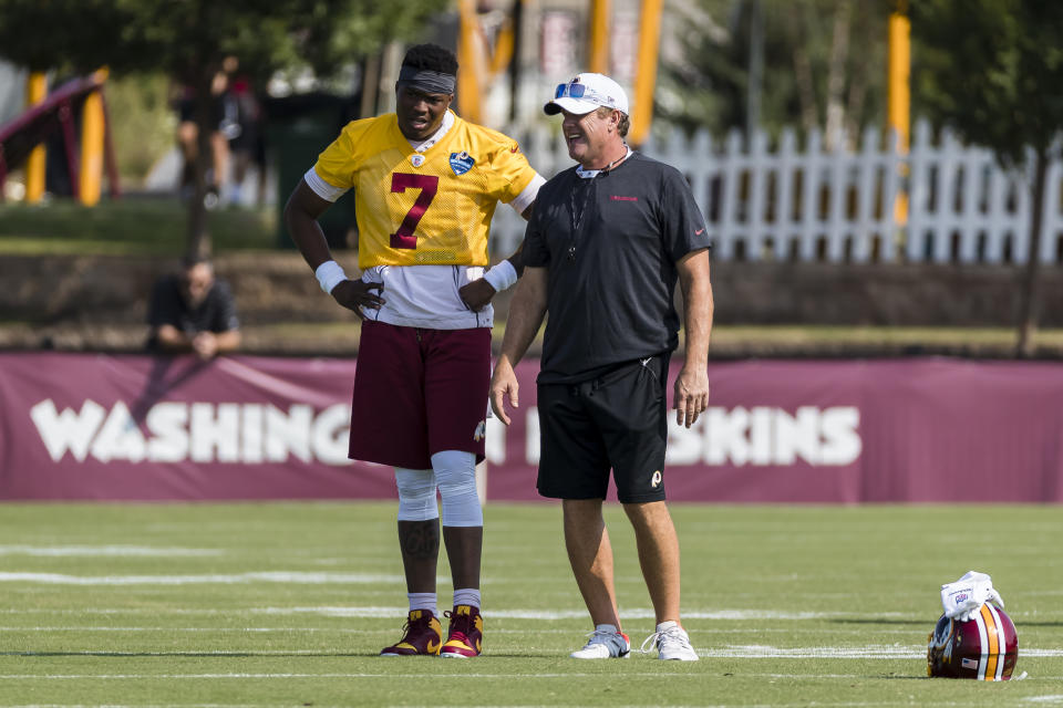 RICHMOND, VA - JULY 26: Head coach Jay Gruden of the Washington Redskins speaks with Dwayne Haskins #7 during training camp at Bon Secours Washington Redskins Training Center on July 26, 2019 in Richmond, Virginia. (Photo by Scott Taetsch/Getty Images)