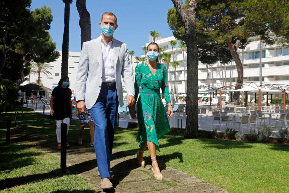 <div class="inline-image__caption"><p>King Felipe of Spain and Queen Letizia of Spain, wearing face masks, arrive for a reception at Iberostar Cristina Hotel on June 25, 2020 in Palma de Mallorca, Spain.</p></div> <div class="inline-image__credit">Clara Margais/Getty</div>