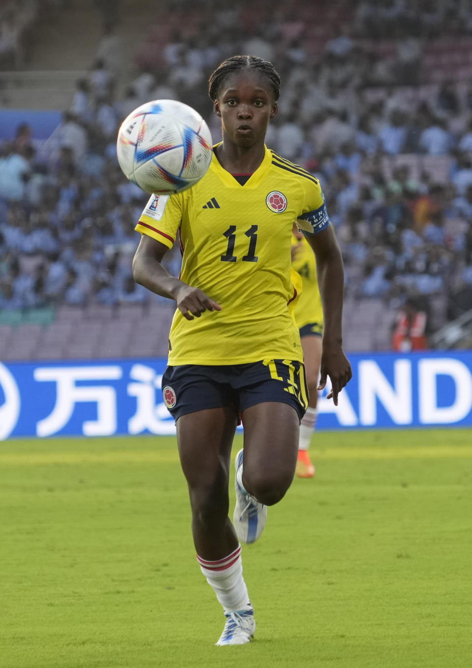 Colombia's Linda Caicedo eyes the ball during the FIFA U-17 Women's World Cup match between China and Colombia in Navi Mumbai, India, Saturday, Oct. 15, 2022. (AP Photo/Rajanish Kakade)