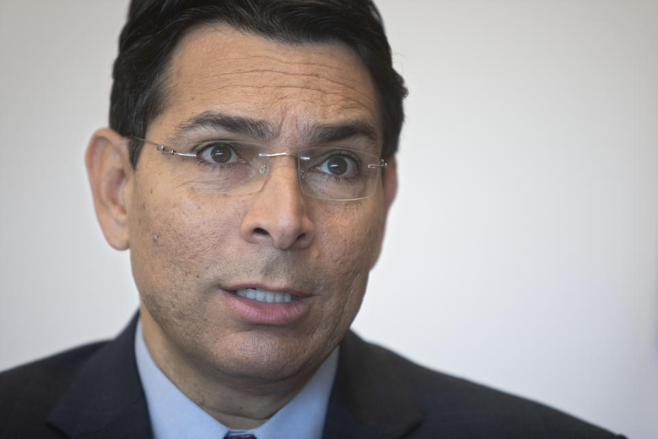 Israel's outgoing ambassador to the United Nations Danny Danon speaks during an interview with The Associated Press in the central Israeli city of Ra'anana, Tuesday, July 28, 2020. Danon affirmed the country’s bond with the Trump administration, dismissing notions that Israel would pay a price for its tight ties to the divisive president should he be defeated in November. Danon said he was relieved that the more radical forces in the Democratic Party failed to win the party’s nomination and that Israel could prosper with either Trump or Joe Biden in the White House. (AP Photo/Sebastian Scheiner)