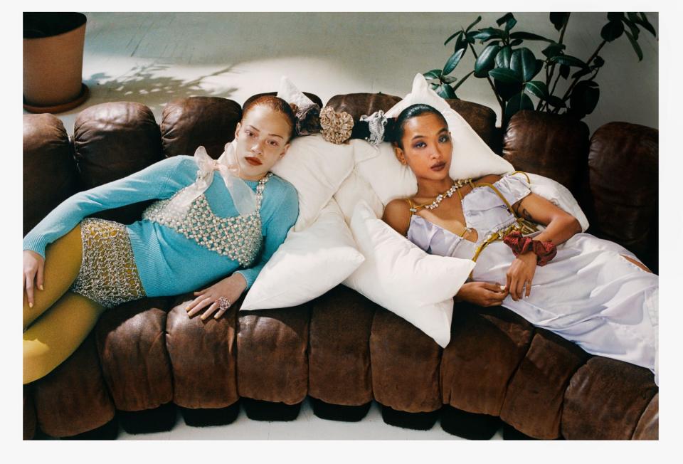 Left: Versace sweater. Simone Rocha bra. Acne Studios bottoms. Lelet bow. Falke tights. Tétier Bijoux ring. Chelsea King and Maryam Nassir Zadeh scrunchies. Ottolinger dress. Panconesi and Acne Studios necklaces. Chelsea King scrunchies.