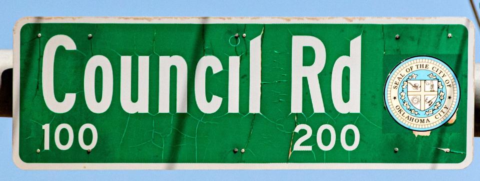 Council Road street sign in Oklahoma City. Council Road is one of the few public references to historic Council Grove, long absorbed by Oklahoma City, Bethany, Warr Acres and Woodlawn Park.