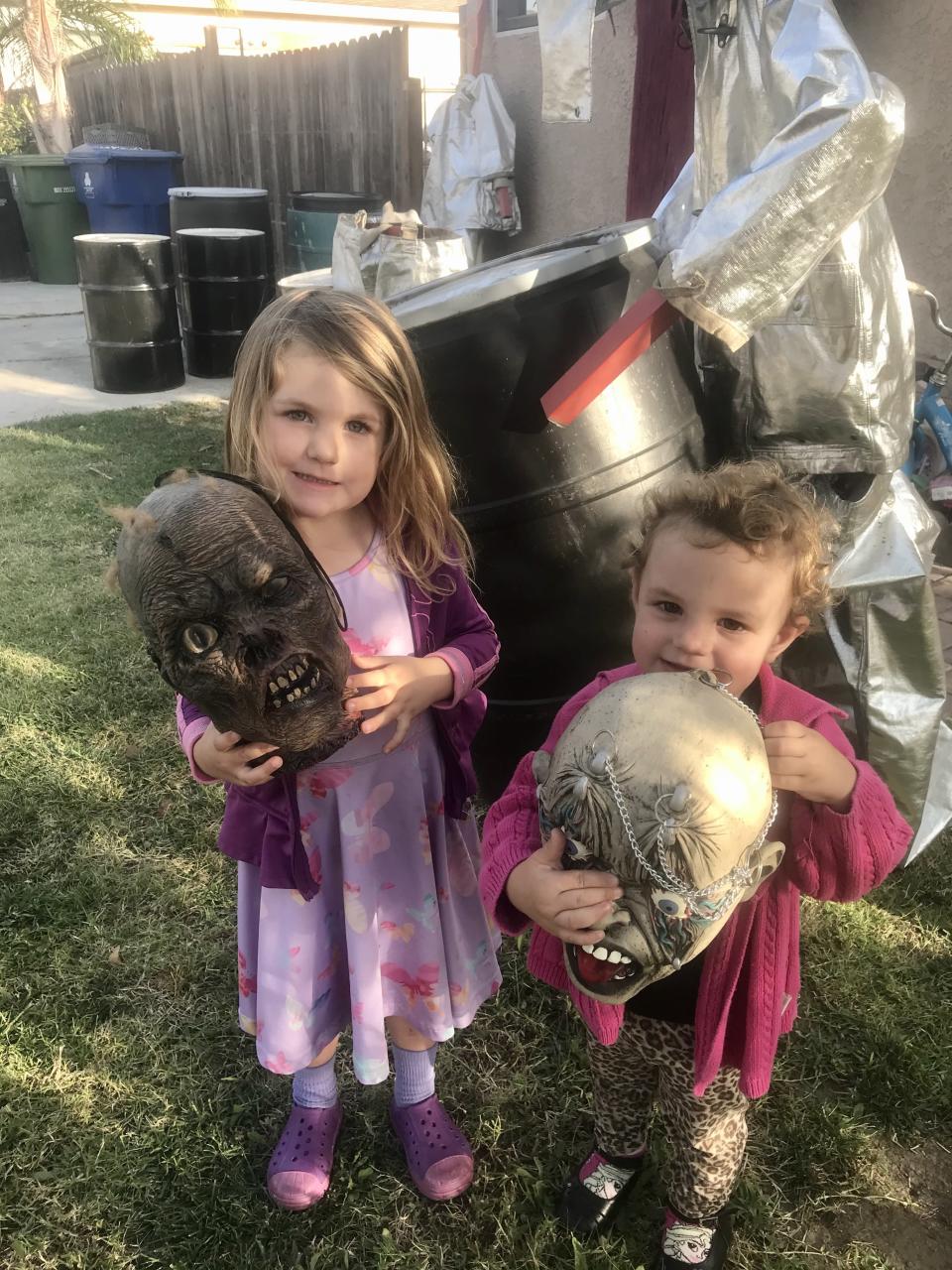 Rachel and Dani proudly holding fake severed heads in October 2019 (Collect/PA Real Life)