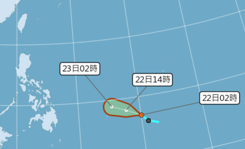 位於雅浦島東南方海面的熱低壓，最快今有機會增強為颱風「巴逢」，估周四、五最接近台灣，恐為台灣帶來一些水氣，後續發展和影響仍需再觀察。（圖片來源：中央氣象局，下同）