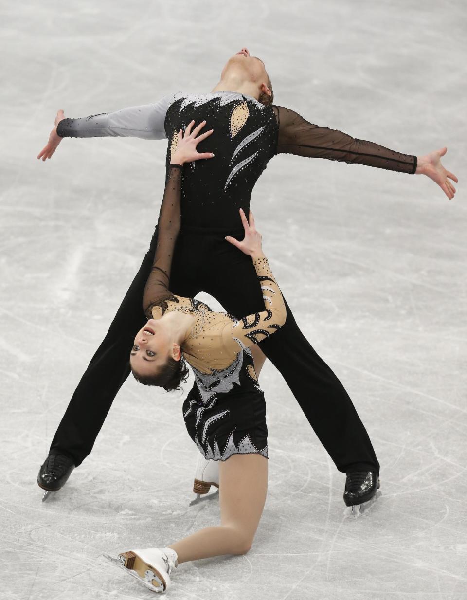 Estonia's Natalja Zabijako and Alexandr Zaboev compete in the pairs free skating at the European Figure Skating Championships in Budapest, Hungary, Sunday, Jan. 19, 2014. (AP Photo/Darko Bandic)