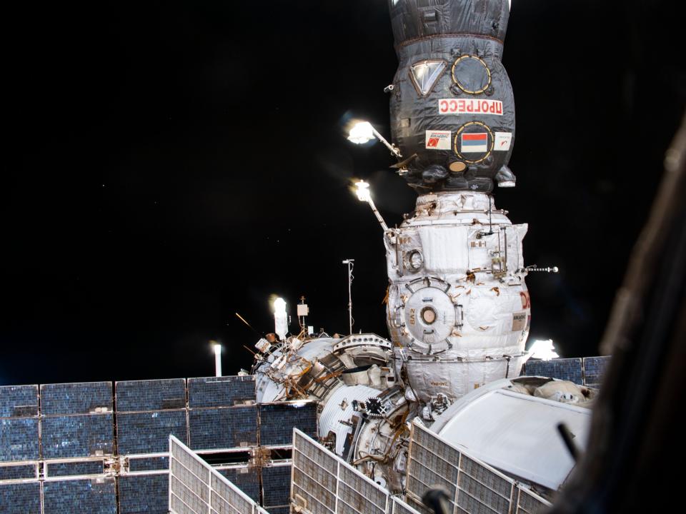 russian progress spaceship docked to international space station