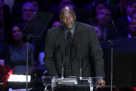 Michael Jordan speaks during the "Celebration of Life for Kobe and Gianna Bryant" at Staples Center on February 24, 2020 in Los Angeles, California. (Photo by Kevork Djansezian/Getty Images)