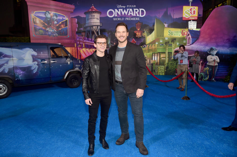 Tom Holland and Chris Pratt play teenage brother elves Ian and Barley in Onward. (Photo by Alberto E. Rodriguez/Getty Images for Disney)