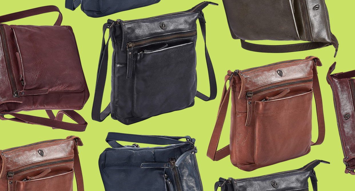 collage of leather crossbody bags in brown. black, red and blue on green background