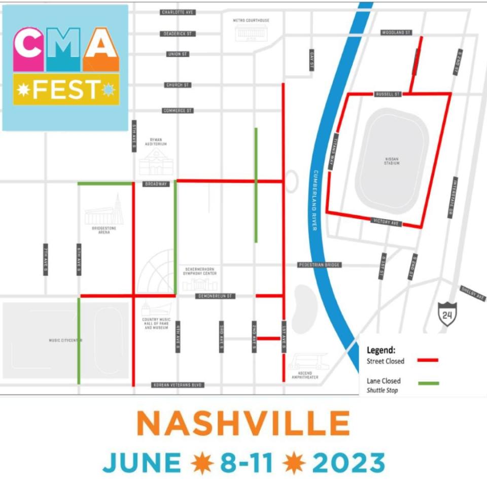 Road closures have begun in downtown Nashville and will continue through the end of CMA Fest on Sunday with a few closures remaining through Monday, June 12.