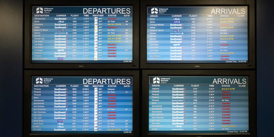 Canceled Southwest Airlines flights show on a monitor at Hollywood Burbank Airport, Tuesday, Dec 27, 2022.