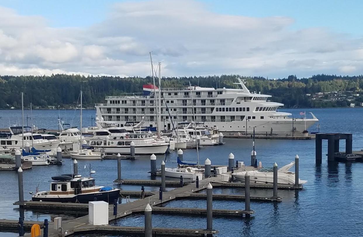 The American Constellation in Bremerton during one of its initial visits to the marina, in 2018. A few years after adding the stop to its Puget Sound tour, the cruise line is expanding the number of visits to Kitsap County for 2023. (Kitsap Sun file photo)