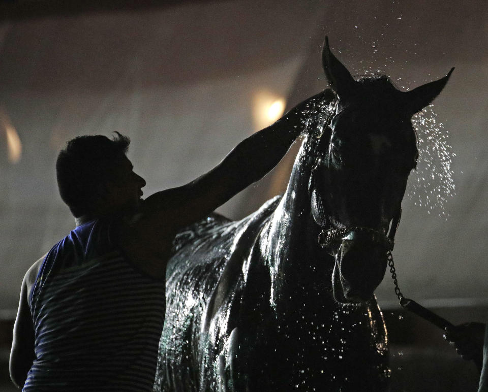 <p>A horse gets a bath after a morning workout at Churchill Downs, Wednesday, May 2, 2018, in Louisville, Ky. (Photo: Charlie Riedel/AP </p>