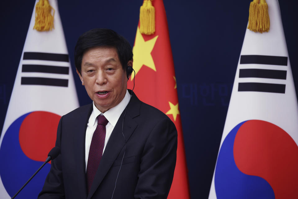 China's National People's Congress (NPC) Standing Committee Chairman Li Zhanshu speaks during a joint news conference with South Korea's National Assembly Speaker Kim Jin Pyo at the National Assembly in Seoul, South Korea Friday, Sept. 16, 2022. (Kim Hong-Ji/Pool Photo via AP)