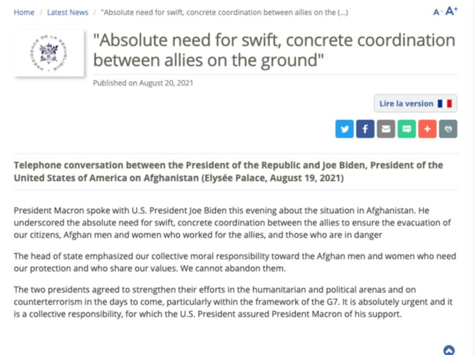 Official statement released by the France government on call with US President Joe Biden. (Photo: Screengrab/ franceintheus.org)