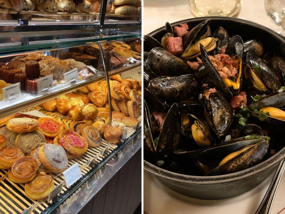 pastries in a display case and mussels in a bowl with chorizo