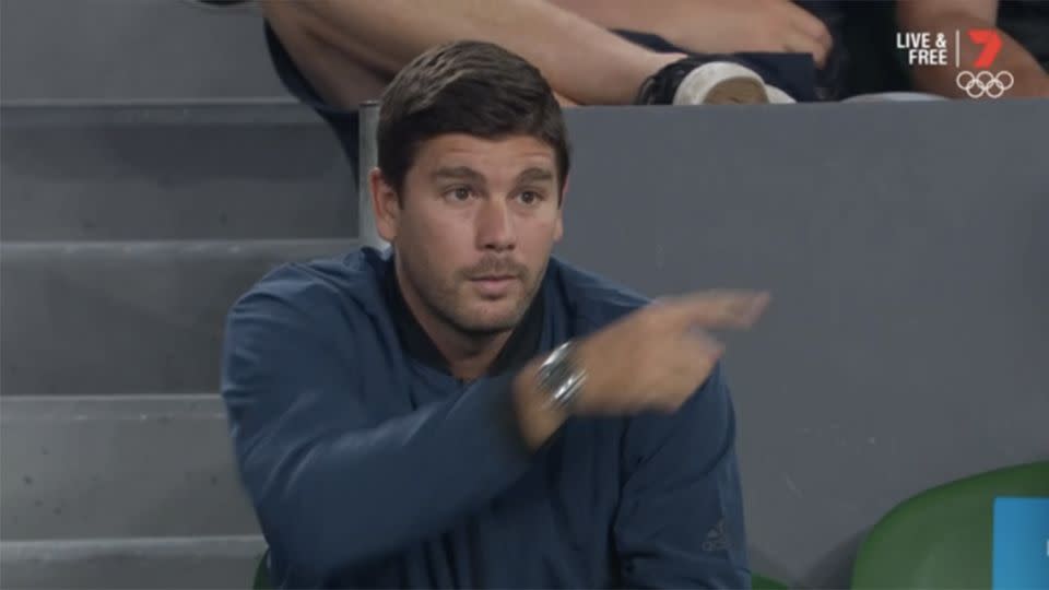 Vallverdu could be seen questioning Kyrgios' team. Pic: Ch7