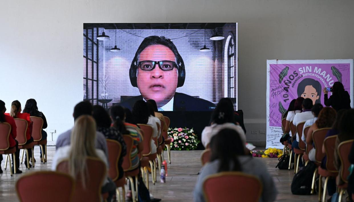 <span class="caption">Members of a Salvadoran feminist group watch a virtual hearing March 10 on El Salvador's abortion laws by the Inter-American Court of Human Rights.</span> <span class="attribution"><a class="link " href="https://www.gettyimages.com/detail/news-photo/women-representatives-of-the-feminist-collective-watch-on-a-news-photo/1231632765?adppopup=true" rel="nofollow noopener" target="_blank" data-ylk="slk:Marvin Recinos/AFP via Getty Images;elm:context_link;itc:0;sec:content-canvas">Marvin Recinos/AFP via Getty Images</a></span>