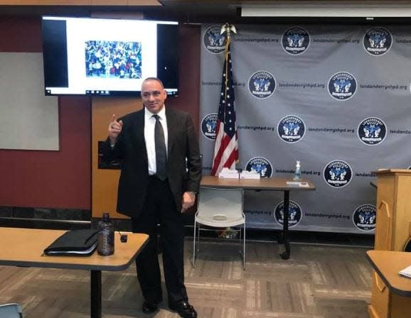 Russell Conte provides a presentation on peer support and mental illness at the Rockingham County Chiefs Association meeting.