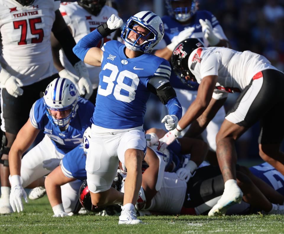 Brigham Young Cougars safety Crew Wakley (38) reacts to a Texas Tech Red Raiders tackle for loss in Provo on Saturday, Oct. 21, 2023.