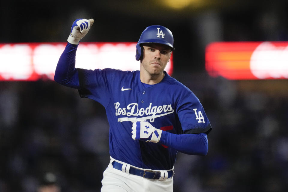 Los Angeles Dodgers' Freddie Freeman (5) runs the bases after hitting a home run during the eighth inning of a baseball game against the Oakland Athletics in Los Angeles, Thursday, Aug. 3, 2023. (AP Photo/Ashley Landis)