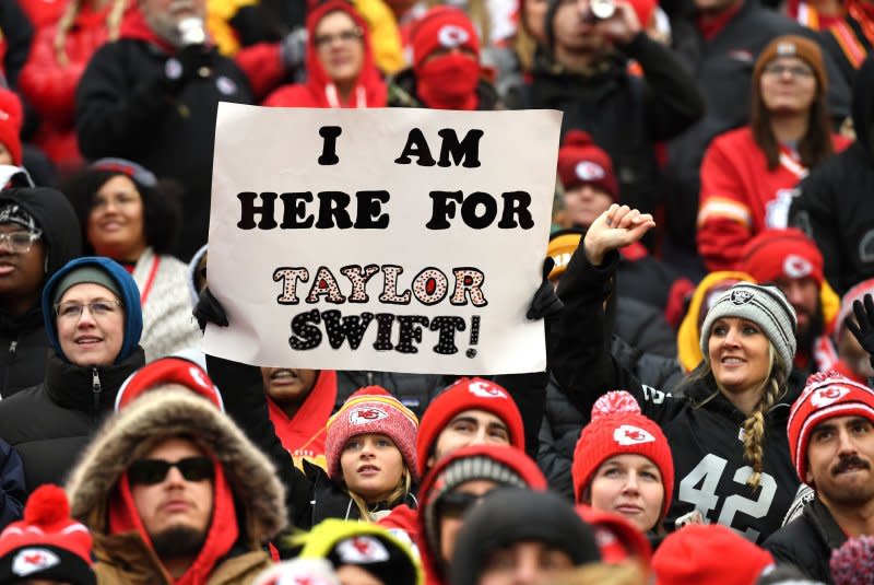 A Taylor Swift fan holds a sign during a game between the Las Vegas Raiders and Kansas City Chiefs. File Photo by Dave Kaup/UPI