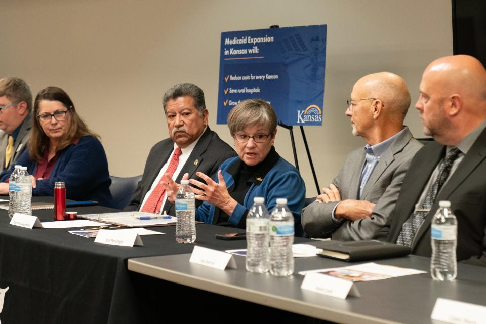 Gov. Laura Kelly joins local leaders and officials in the health space for a roundtable discussion about Medicaid expansion at Valeo Behavioral Health Tuesday morning.