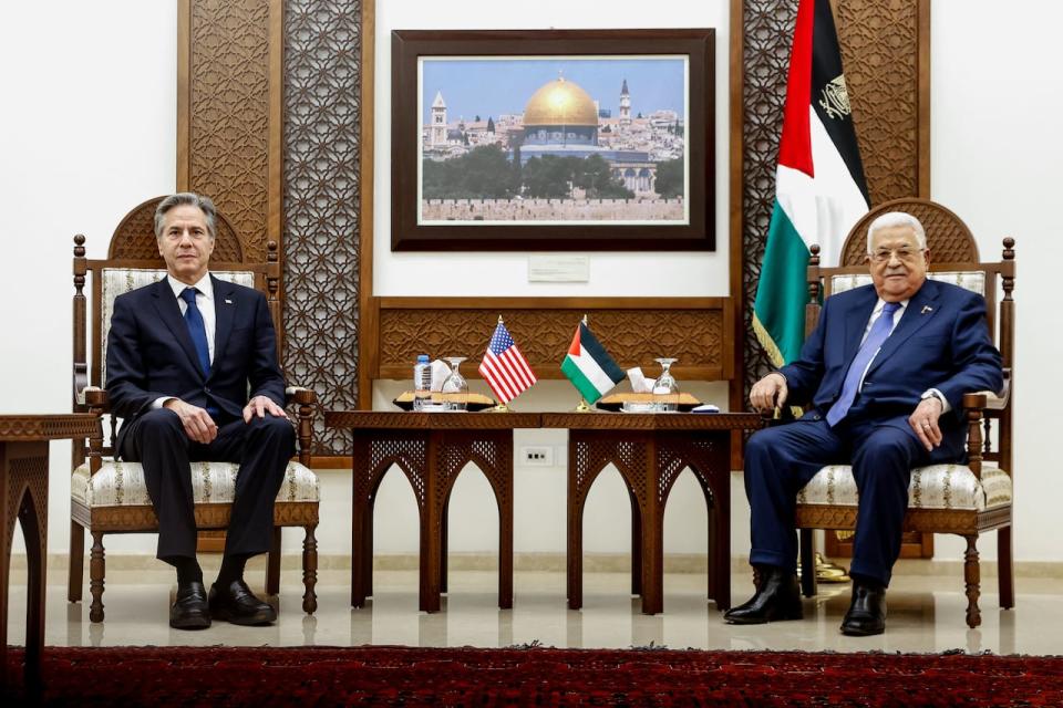 U.S. Secretary of State Antony Blinken meets with Palestinian President Mahmoud Abbas, during his week-long trip aimed at calming tensions across the Middle East, in the Muqata'a, in Ramallah in the Israeli-occupied West Bank January 10, 2024.  The U.S. has imposed travel sanctions on what it calls "extremist" Israeli settlers. REUTERS/Evelyn Hockstein/Pool