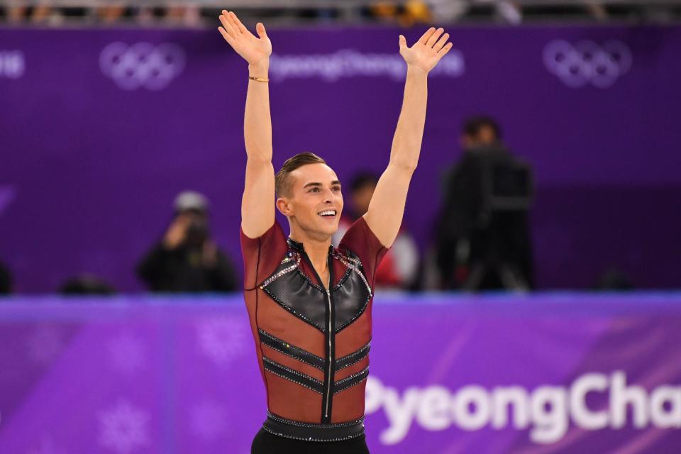 Adam Rippon competes in the men's figure skating short program during the Pyeongchang 2018 Olympic Winter Games at Gangneung Ice Arena on Feb. 16.