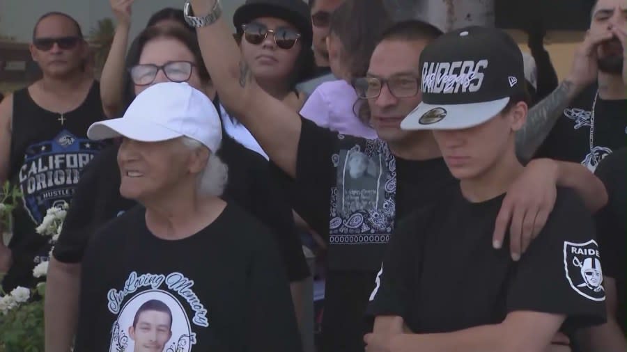 Loved ones called for justice on July 26, 2024 in a lawsuit filed against the Hemet Police Department after the shotoing death of Jimmy Lopez. (KTLA)
