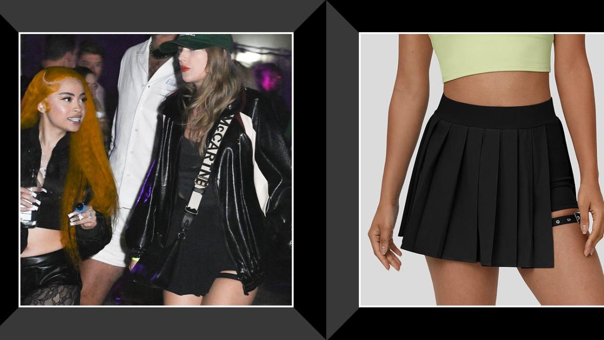 ice spice with taylor swift wearing pleated skirt at coachella