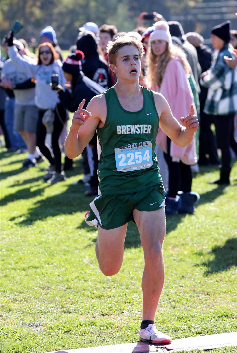 Patrick Ford from Brewster crosses the finish line in the boys Section One Class B cross country championships at Bowdoin Park in Wappingers Falls, Nov. 6, 2021. 