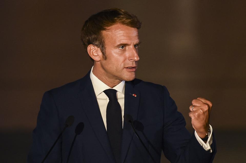 French President Emmanuel Macron delivers a statement during the 8th MED7 Mediterranean countries summit in Athens, on September 17, 2021. (Photo by ANGELOS TZORTZINIS / AFP) (Photo by ANGELOS TZORTZINIS/AFP via Getty Images)