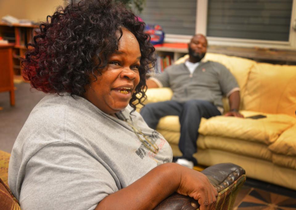 Cecilia Thompson, talks about what it means to her to get her voting rights restored. She went to prison when she was 18 for drugs. In the background is Pastor Jarvis Wash of the R.E.A.L, Church, who helped Cecilia turn her life around. . 