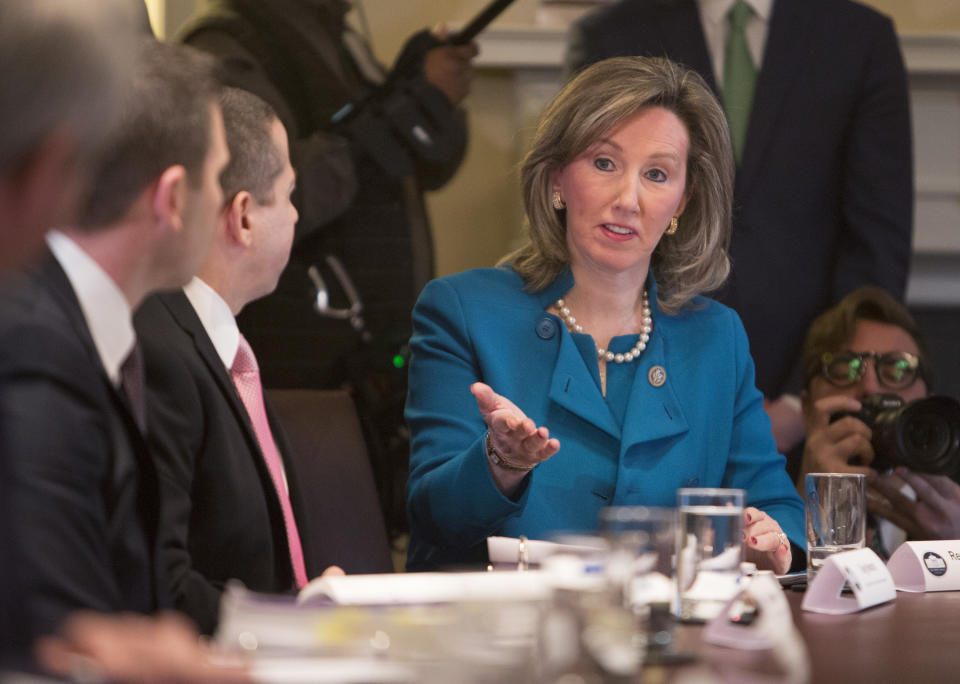 Comstock participates in a law enforcement roundtable on MS-13 hosted by President Trump at the White House in February. (Photo: Chris Kleponis-Pool/Getty Images)