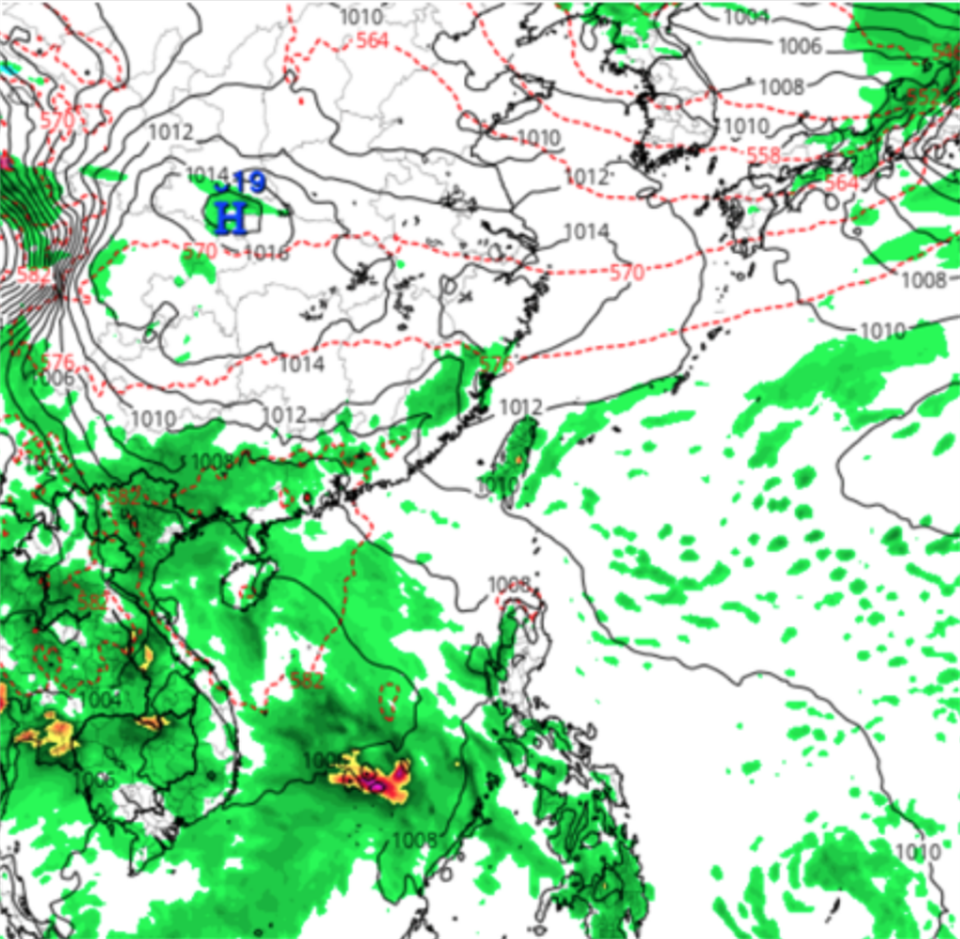 美國模式則模擬下週台灣附近受台海熱帶擾動影響，鋒面微弱。（圖／翻攝自tropical tidbits）