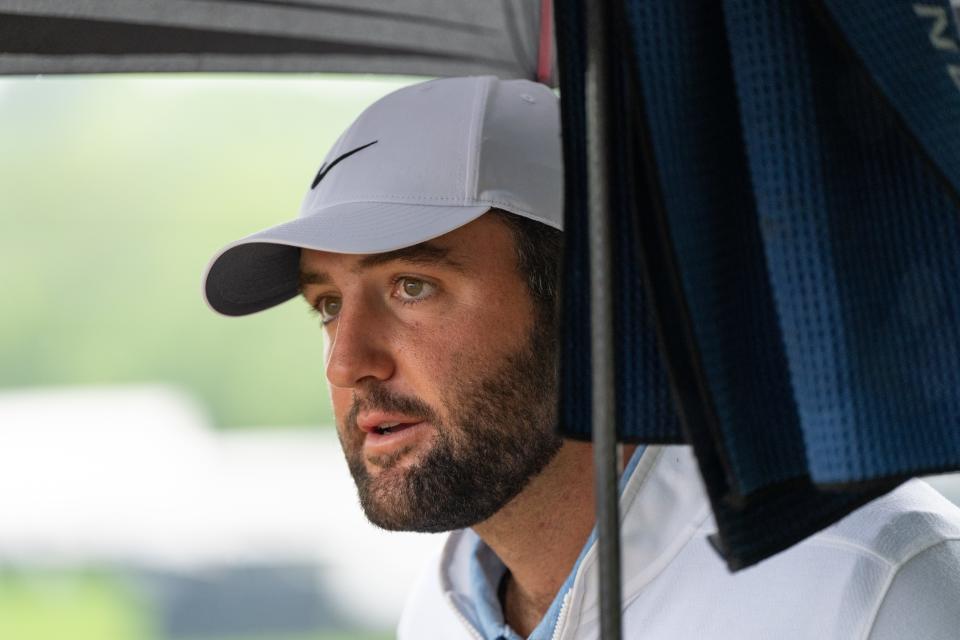 Scottie Scheffler walks to the 10th tee from the practice ranges for the second day of the PGA Championship at Valhalla Golf Club on Friday, May 17, 2024.