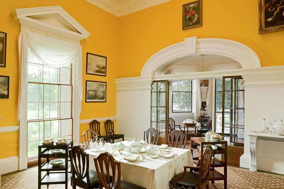 <p>In 2011, after spending many post-Jeffersonian years being covered with blue paint, the walls of the dining room at <a href="https://www.monticello.org/" rel="nofollow noopener" target="_blank" data-ylk="slk:Monticello;elm:context_link;itc:0;sec:content-canvas" class="link ">Monticello</a> were returned to chrome yellow following paint analysis studies. It's understood that Jefferson went to great lengths to acquire lead chromate yellow pigment after it was invented in France in the early nineteenth century.</p>