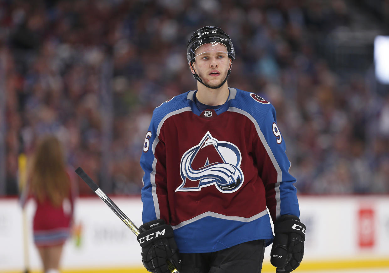 DENVER, CO - APRIL 17:  Colorado Avalanche right wing Mikko Rantanen (96) during a Western Conference match-up in the first round of the Stanley Cup Playoffs on April 17, 2019 at the Pepsi Center in Denver, CO. (Photo by Russell Lansford/Icon Sportswire via Getty Images)