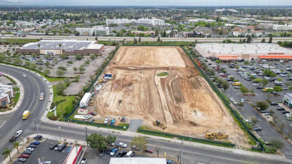 Grading work has begun on the former Boomers! Fresno location between Kohl’s and Home Depot in north Fresno on Thursday, April 4, 2024. A Living Spaces furniture store will be constructed there.