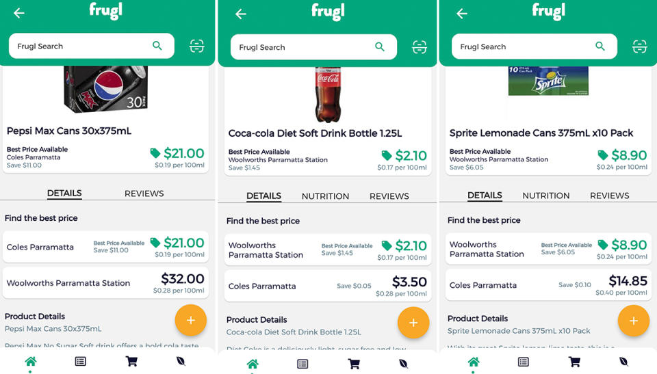 Frugl app screens showing price comparisons between soft drink products