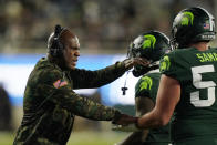 Michigan State head coach Mel Tucker reacts after a play during the first half of an NCAA college football game against Maryland, Saturday, Nov. 13, 2021, in East Lansing, Mich. (AP Photo/Carlos Osorio)