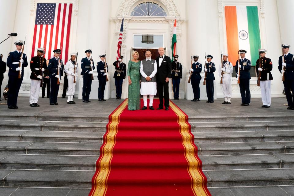 President Joe Biden and first lady Jill Biden welcome India's Prime Minister Narendra Modi as he arrives for a State Dinner on the North Portico of the White House in Washington, Thursday, June 22, 2023.