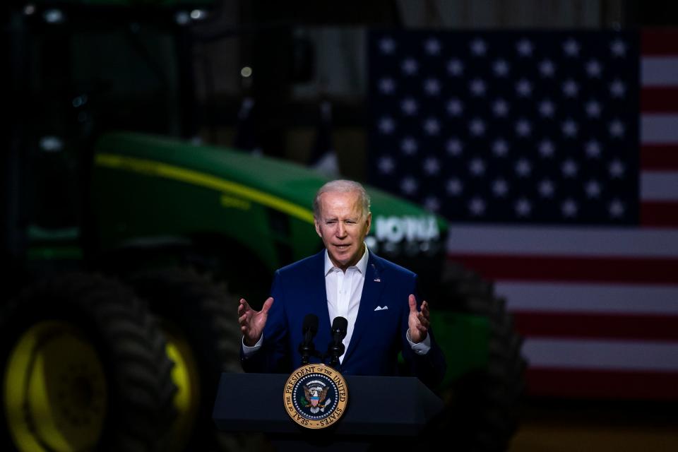 President Joe Biden announces the elimination of restrictions on E15, allowing the 15% ethanol blend of gasoline to be sold year-round, at POET Bioprocessing, on Tuesday, April 12, 2022, in rural Menlo, Iowa. 